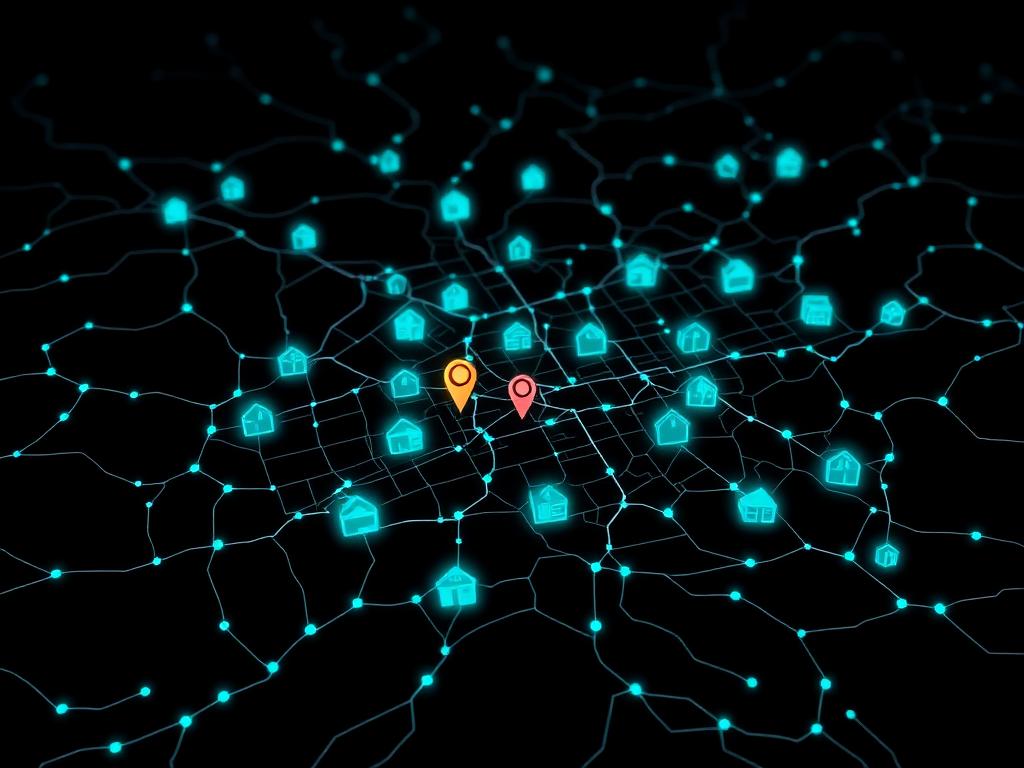 Map of a neighborhood with glowing property markers connected by data lines