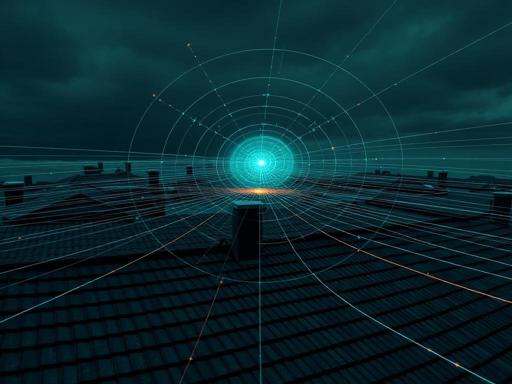 Storm radar rings visualized over a rooftop with impact points highlighted